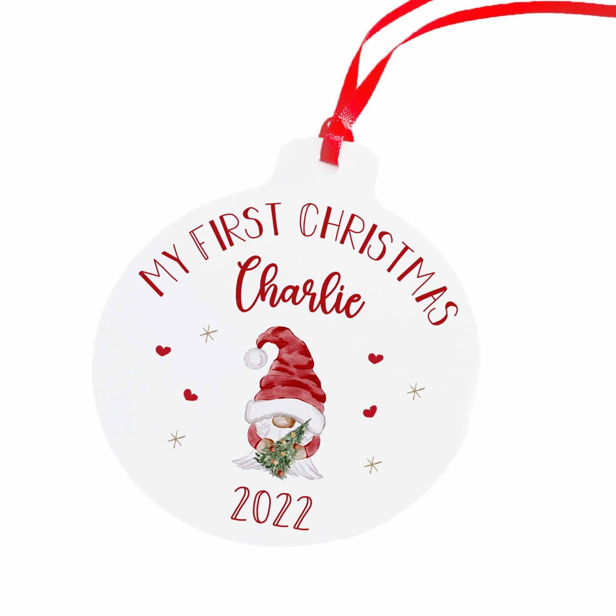 Personalised First Christmas Gnome Ornament With A Name, 1St Xmas Decoration Bauble For Kids Baby Boy Girl