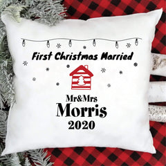Personalised First Christmas married cushion cover with the last name, Xmas 2020 decorations