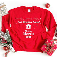 Personalised First Christmas married jumper with the last name, Couple Xmas sweatshirt, Festive family set