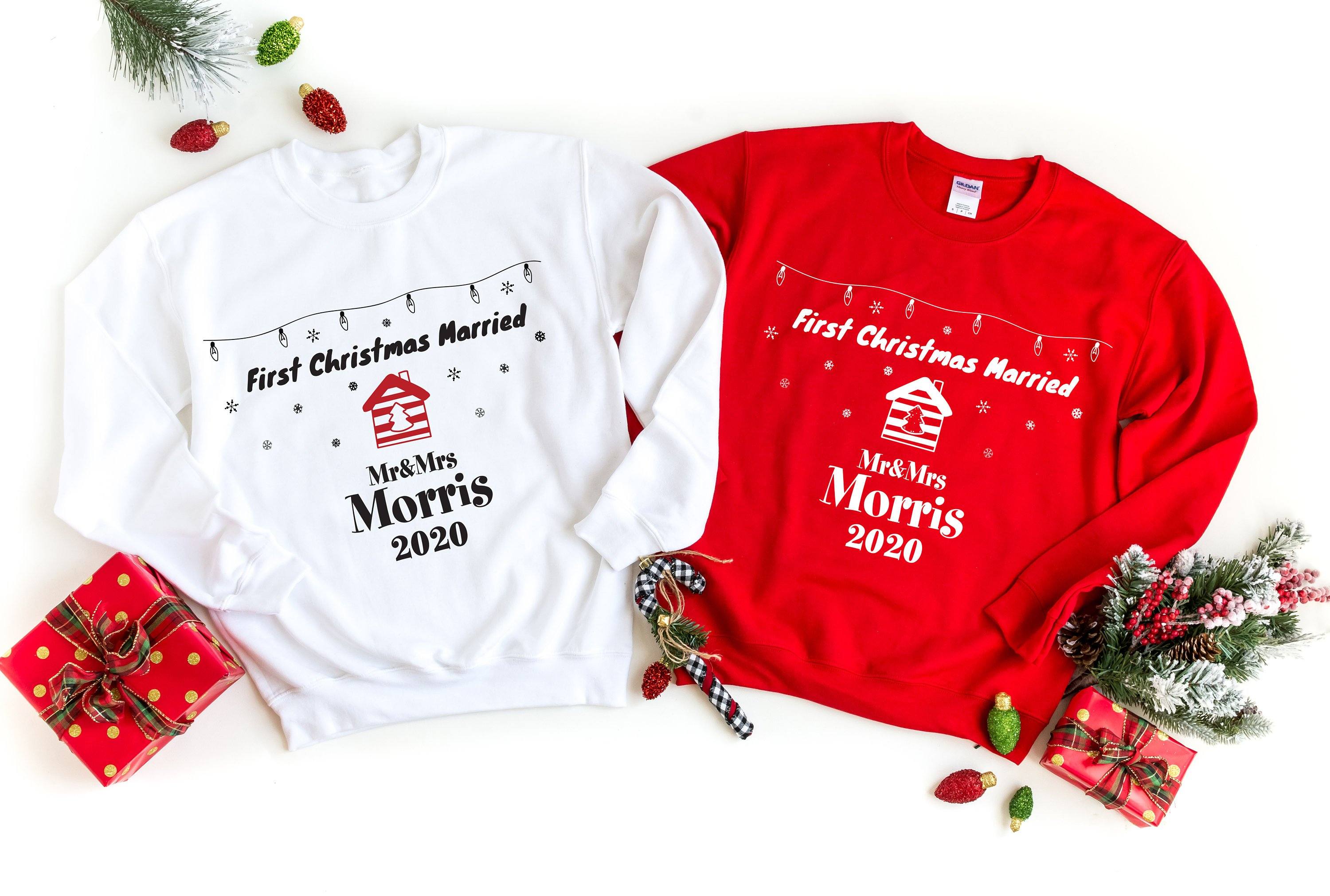 Personalised First Christmas married jumper with the last name, Couple Xmas sweatshirt, Festive family set