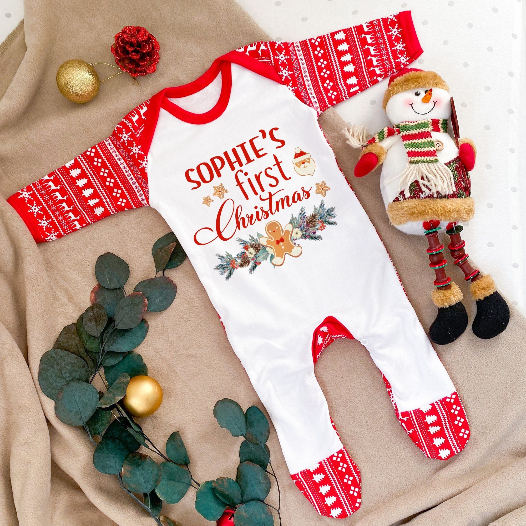 Personalised First Christmas Romper with Name Reindeer Xmas Baby Boy Girl Top My 1st Xmas