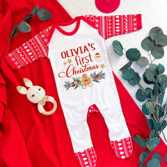 Personalised First Christmas Romper with Name Reindeer Xmas Baby Boy Girl Top My 1st Xmas