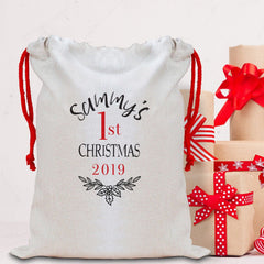 Personalised First Christmas Sack with a name, Personalised Large Linen Santa Sack, Xmas Bags