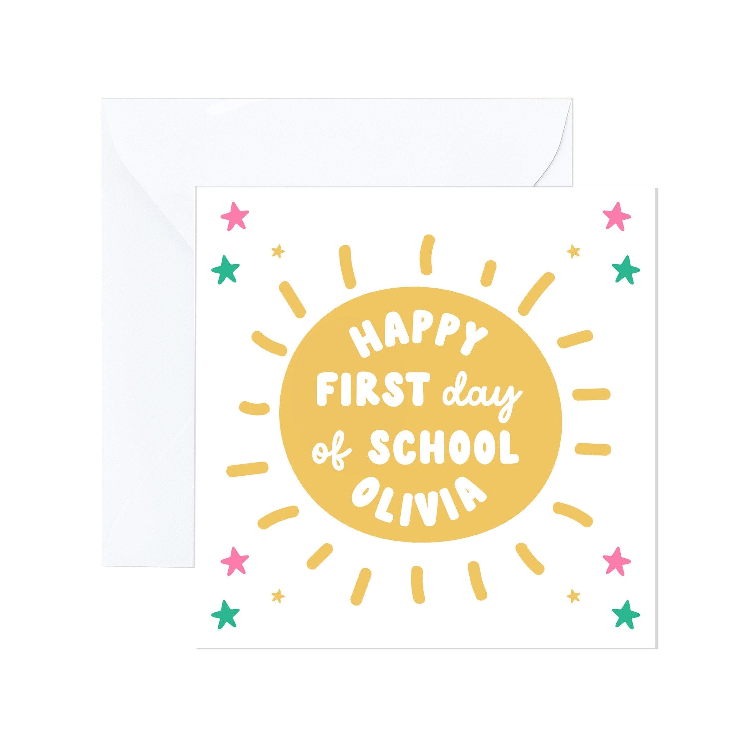 Personalised First Day of School card with name, Sunshine Kids Nursery Reception Primary School Starting Card