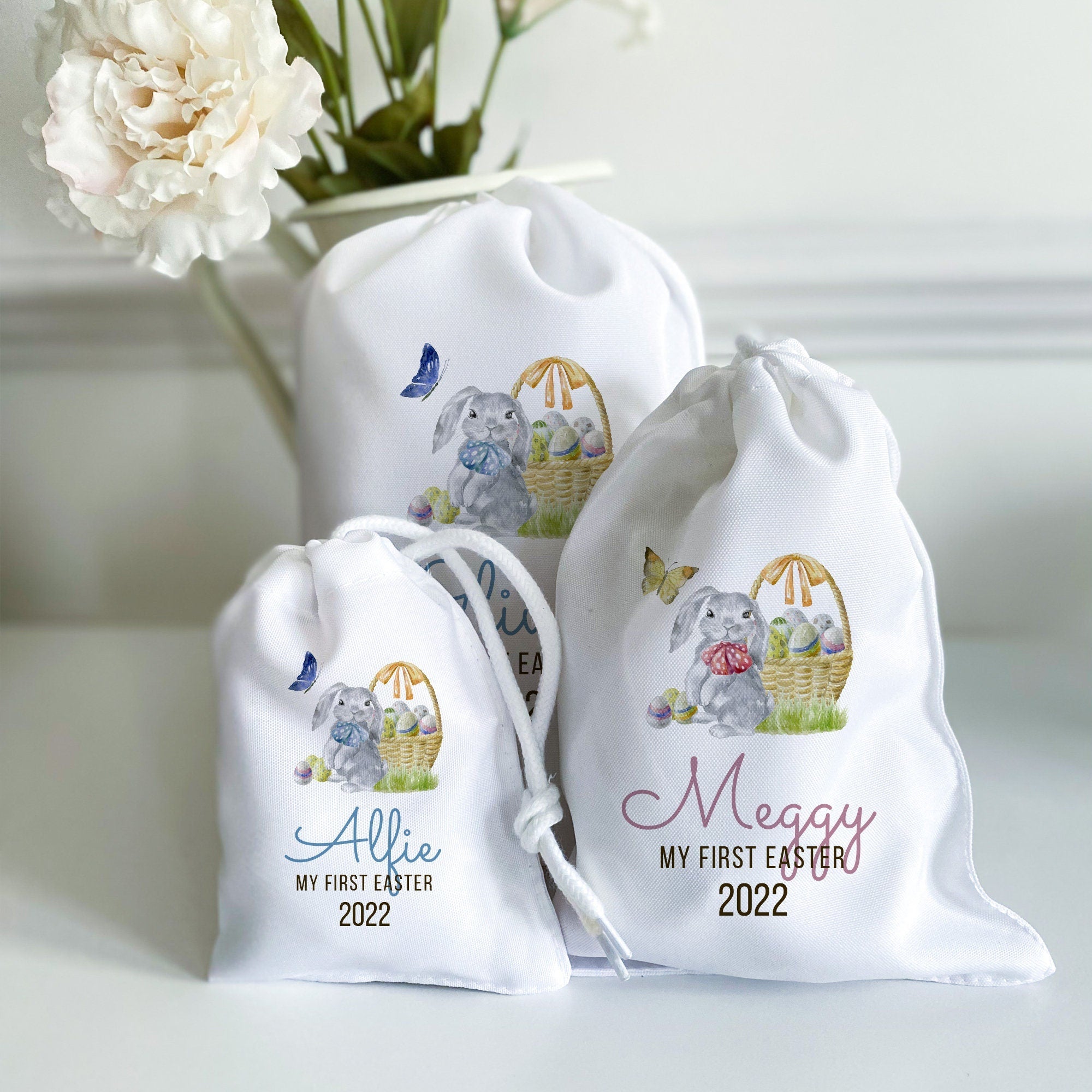 Personalised First Easter Stuff Bag, Easter Bunny Rabbit Gift, Egg Hunt Bags