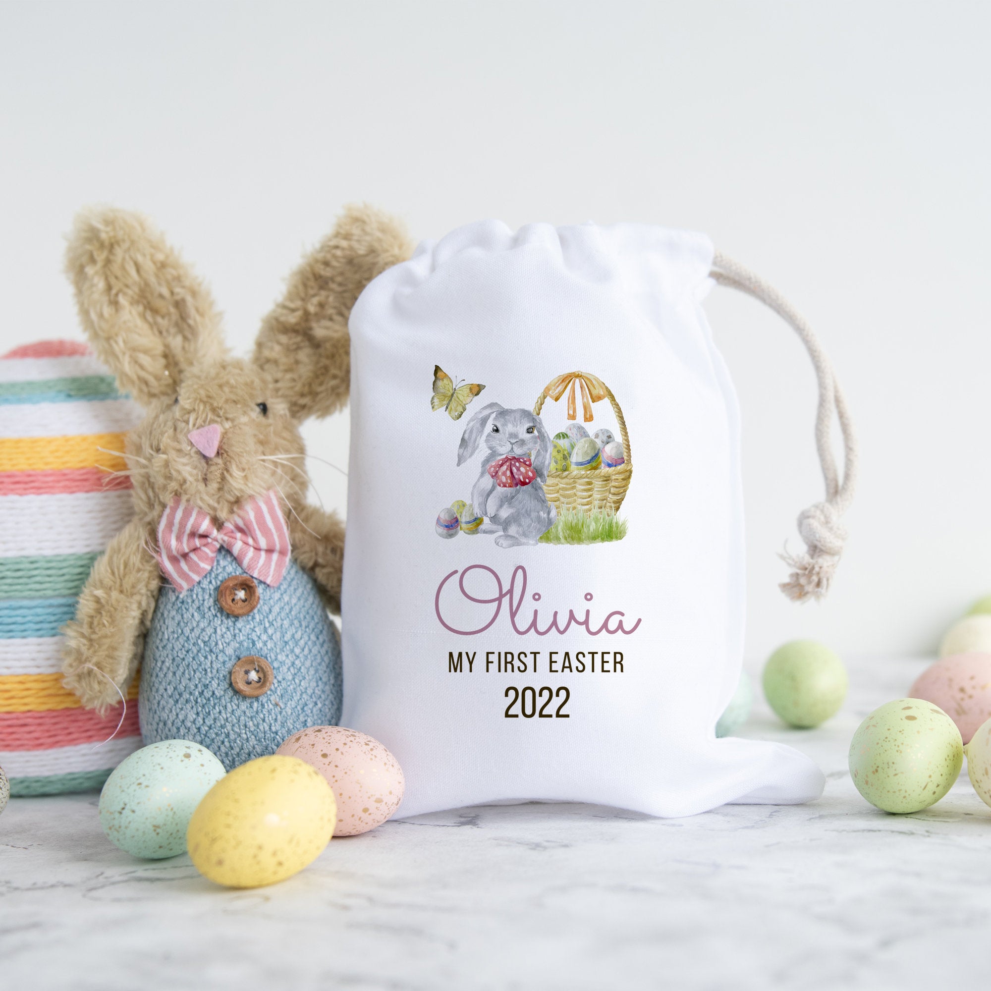 Personalised First Easter Stuff Bag, Easter Bunny Rabbit Gift, Egg Hunt Bags