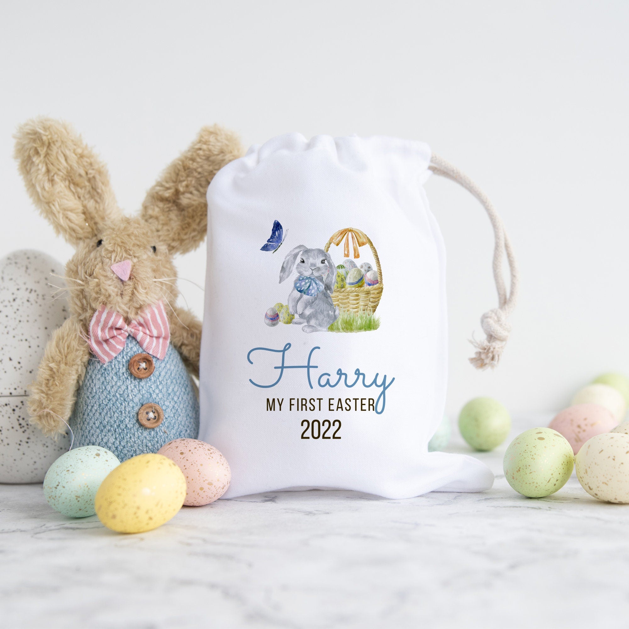 Personalised First Easter Stuff Bag, Easter Bunny Rabbit Gift, Egg Hunt Bags