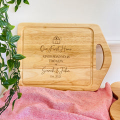 Personalised first home engraved wooden chopping board with couple names Housewarming gift