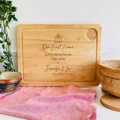Personalised first home engraved wooden chopping board with couple names Housewarming gift
