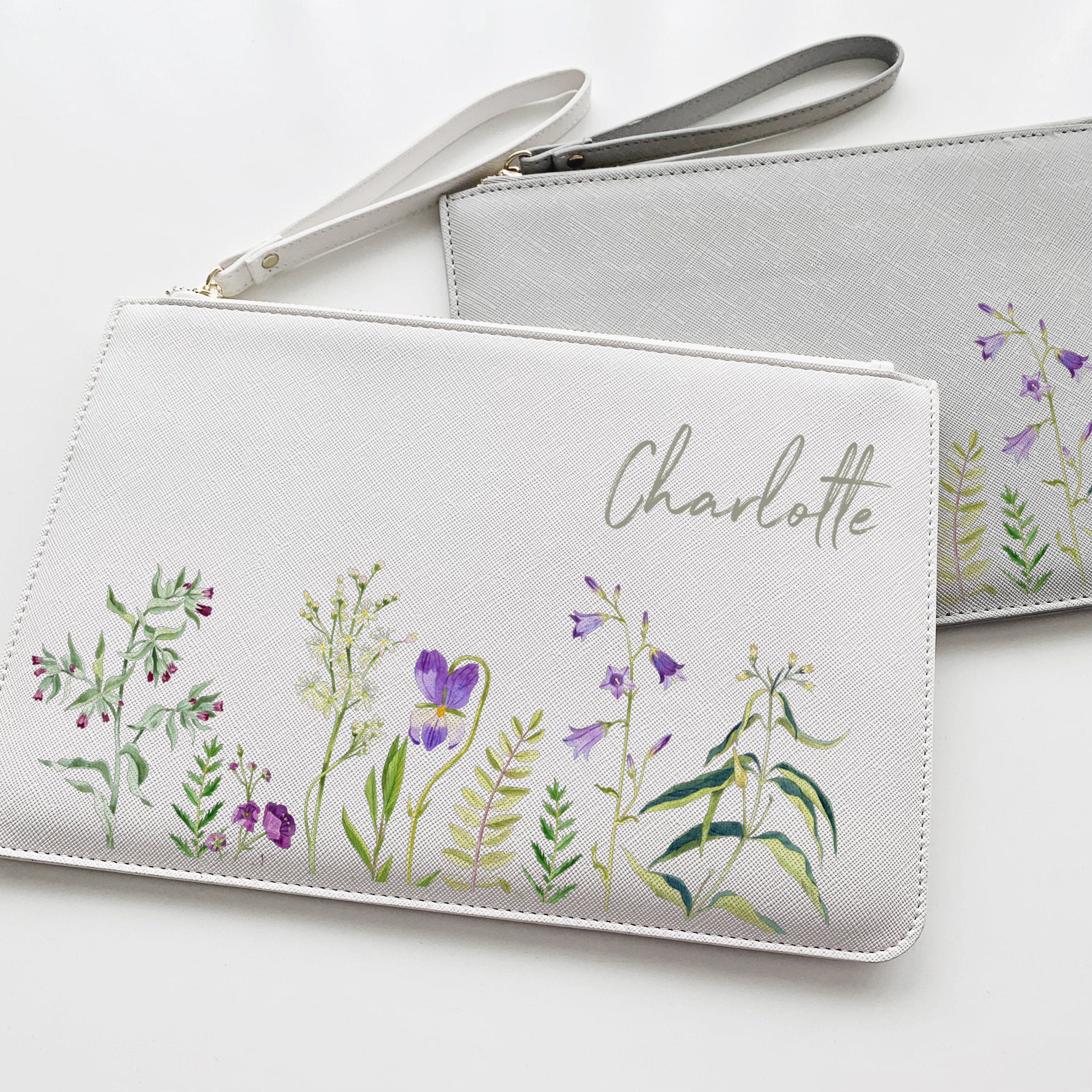 Personalised floral design clutch with name, friend, Bride, bridesmaid, maid of honour, Makeup bag