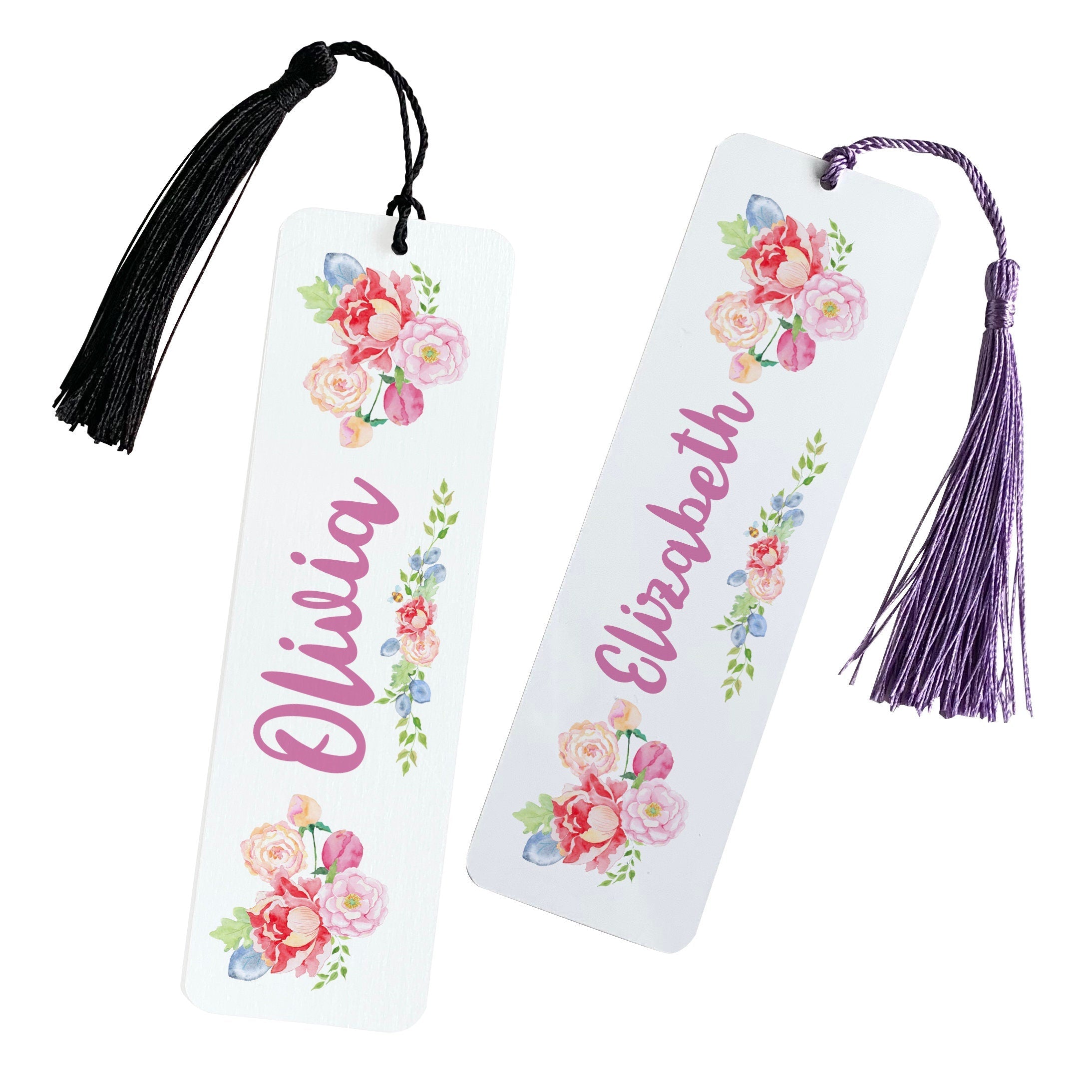 Personalised floral name bookmark with tassel, Gift for her, Book lover gift with name