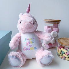 Personalised Flower Girl Soft Toy, Cute Flower Girl Wedding Keepsake, Teddy Plush, Pink Unicorn