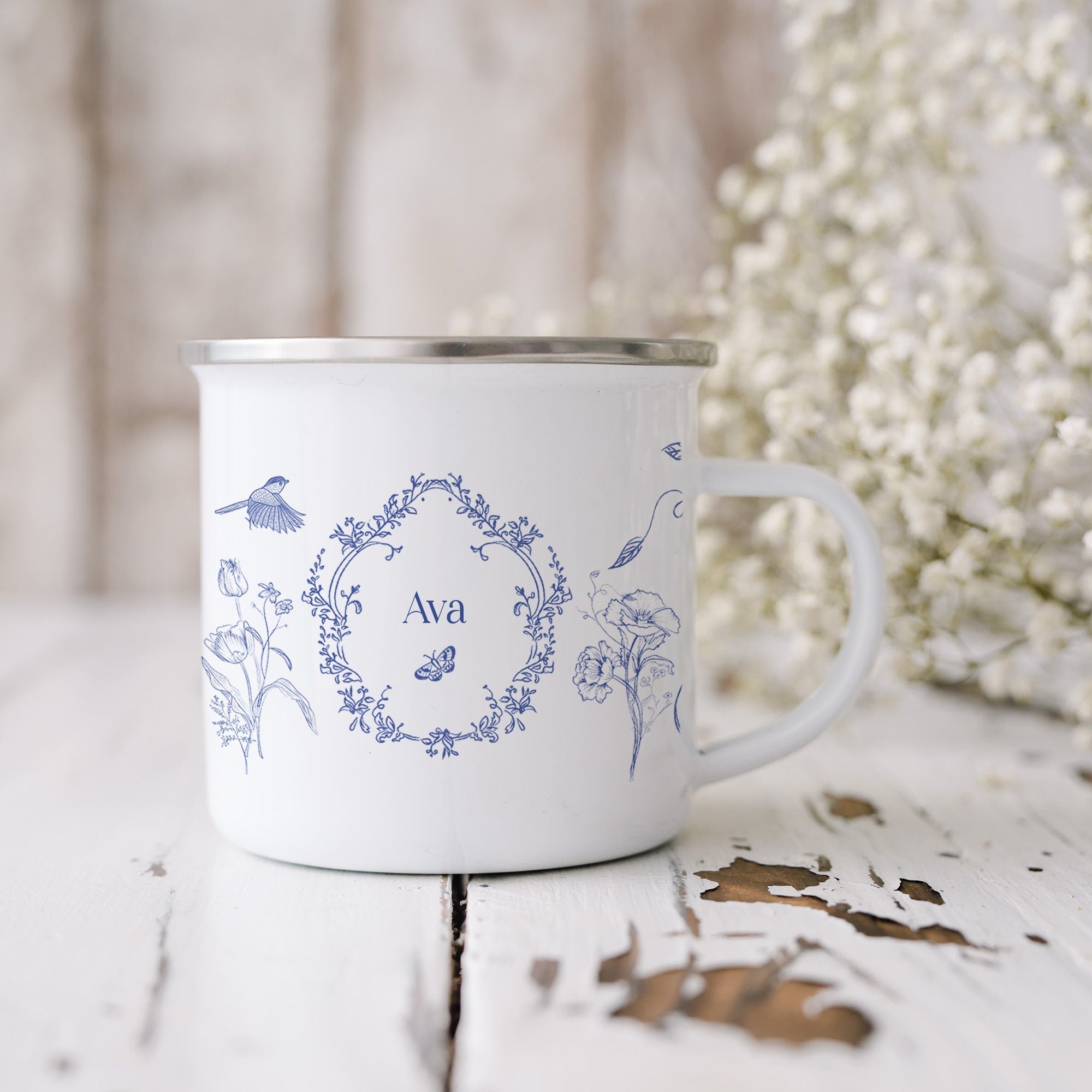 Personalised flowers enamel mug, Floral gift for her, Wife Girlfriend Daughter Gift