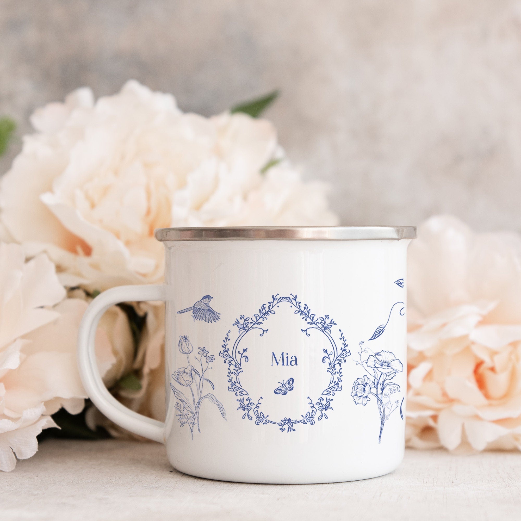 Personalised flowers enamel mug, Floral gift for her, Wife Girlfriend Daughter Gift