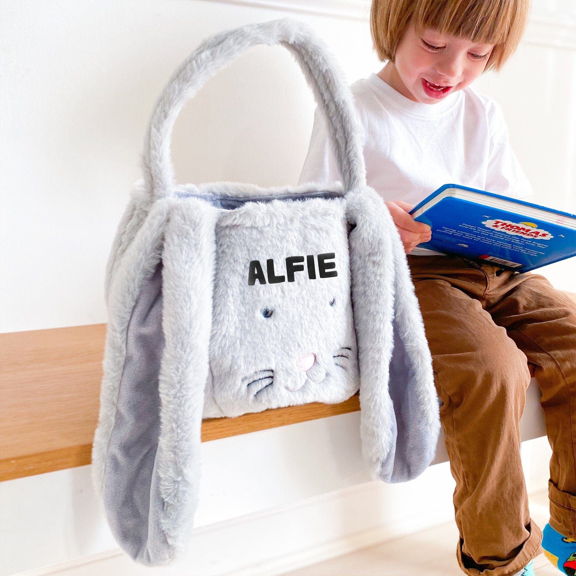 Personalised fluffy long ear Easter egg hunt basket with name, Kids Basket for boy girl