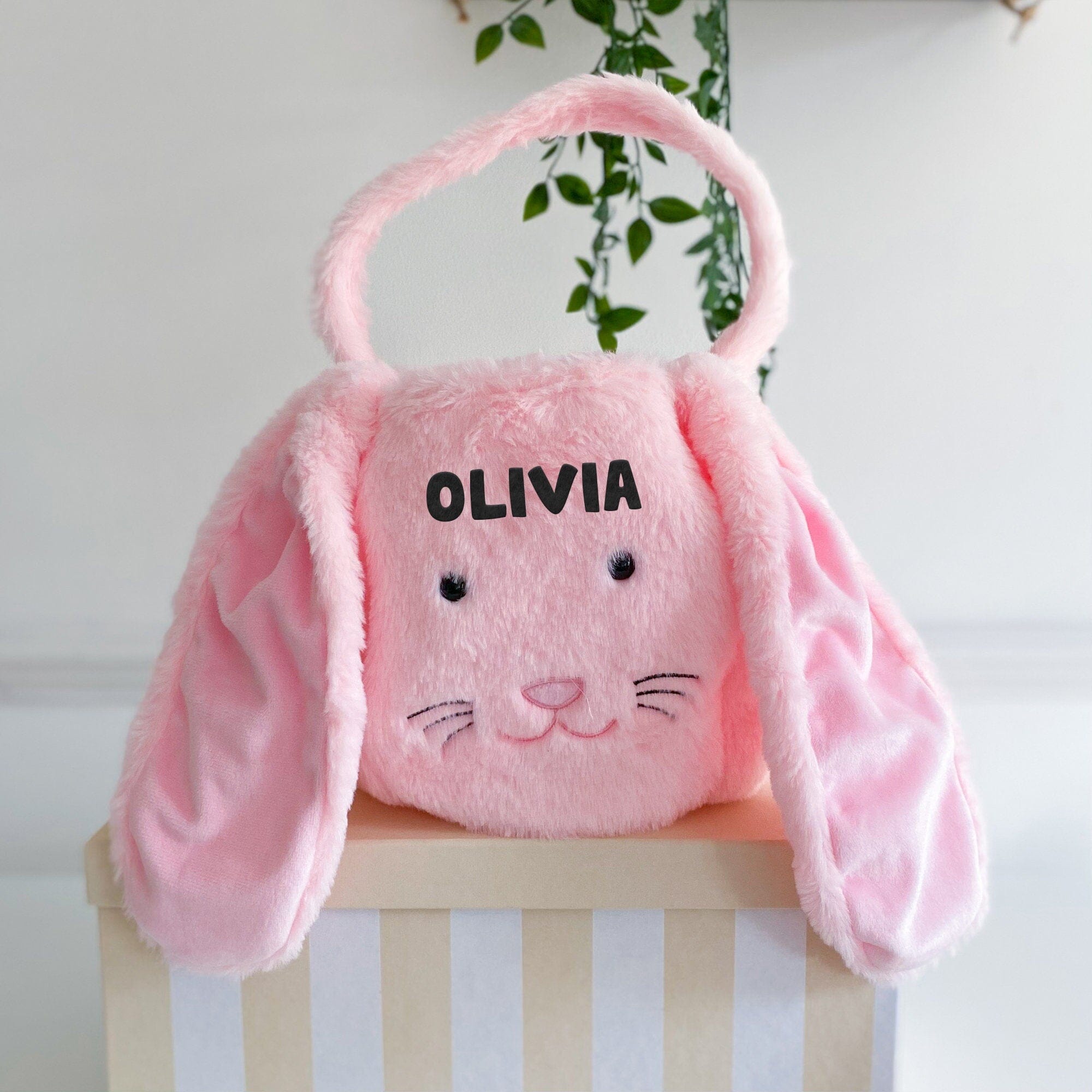Personalised fluffy long ear Easter egg hunt basket with name, Kids Basket for boy girl
