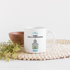 Personalised girls and boys first Holy Communion mug, Church design religious gift for her or him