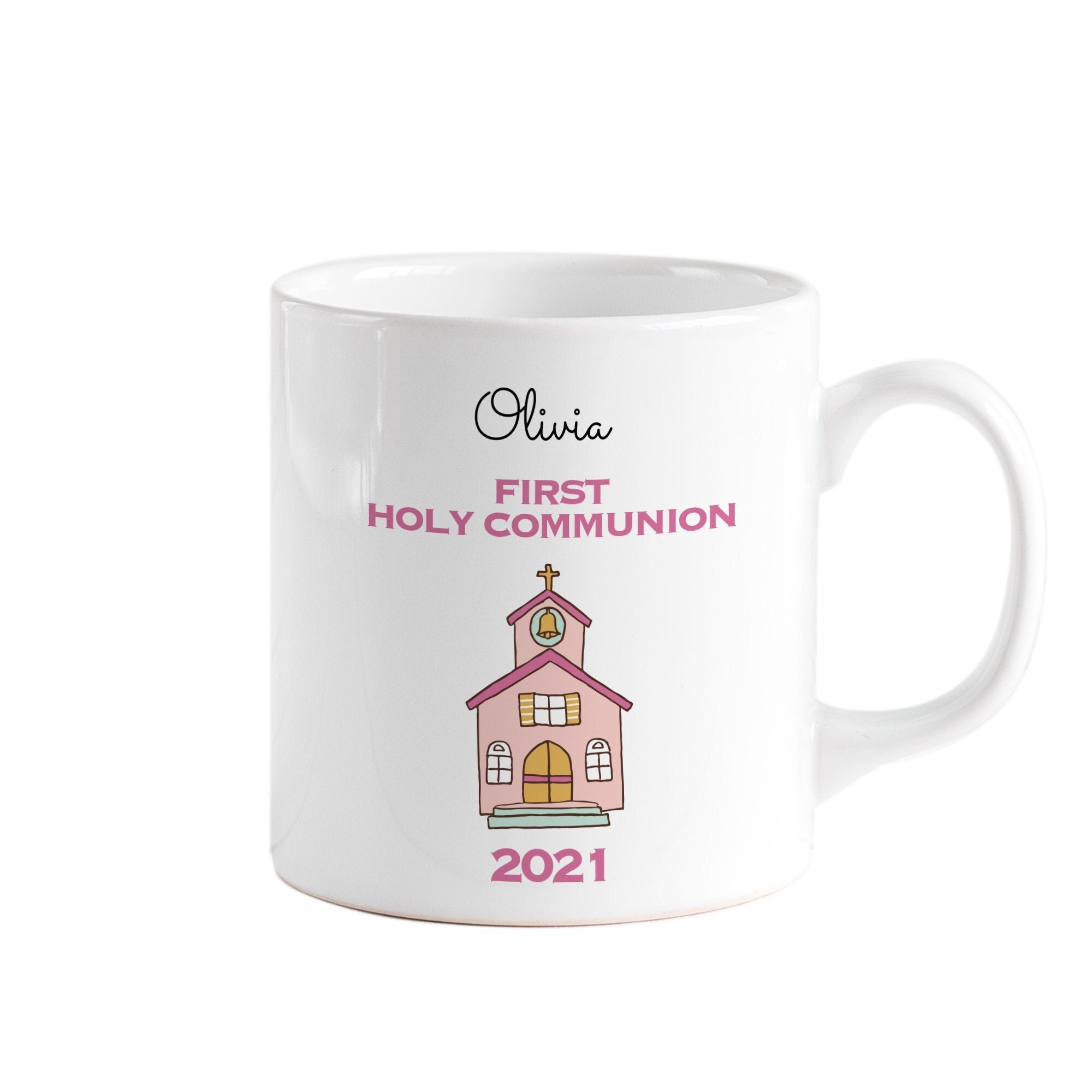 Personalised girls and boys first Holy Communion mug, Church design religious gift for her or him