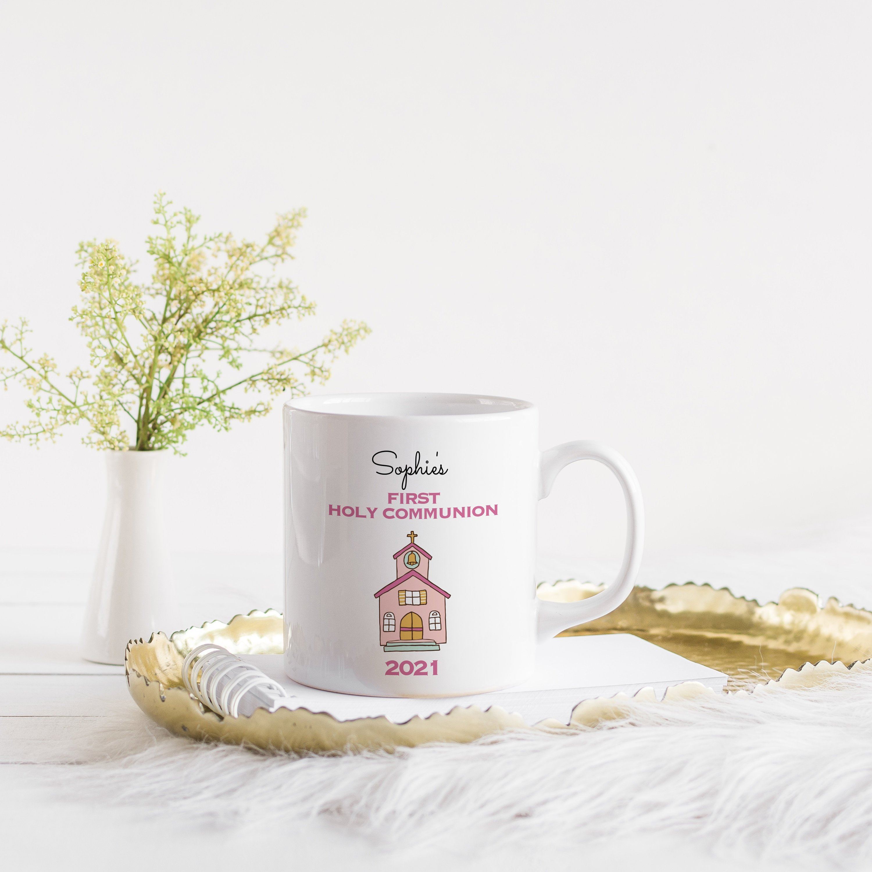 Personalised girls and boys first Holy Communion mug, Church design religious gift for her or him