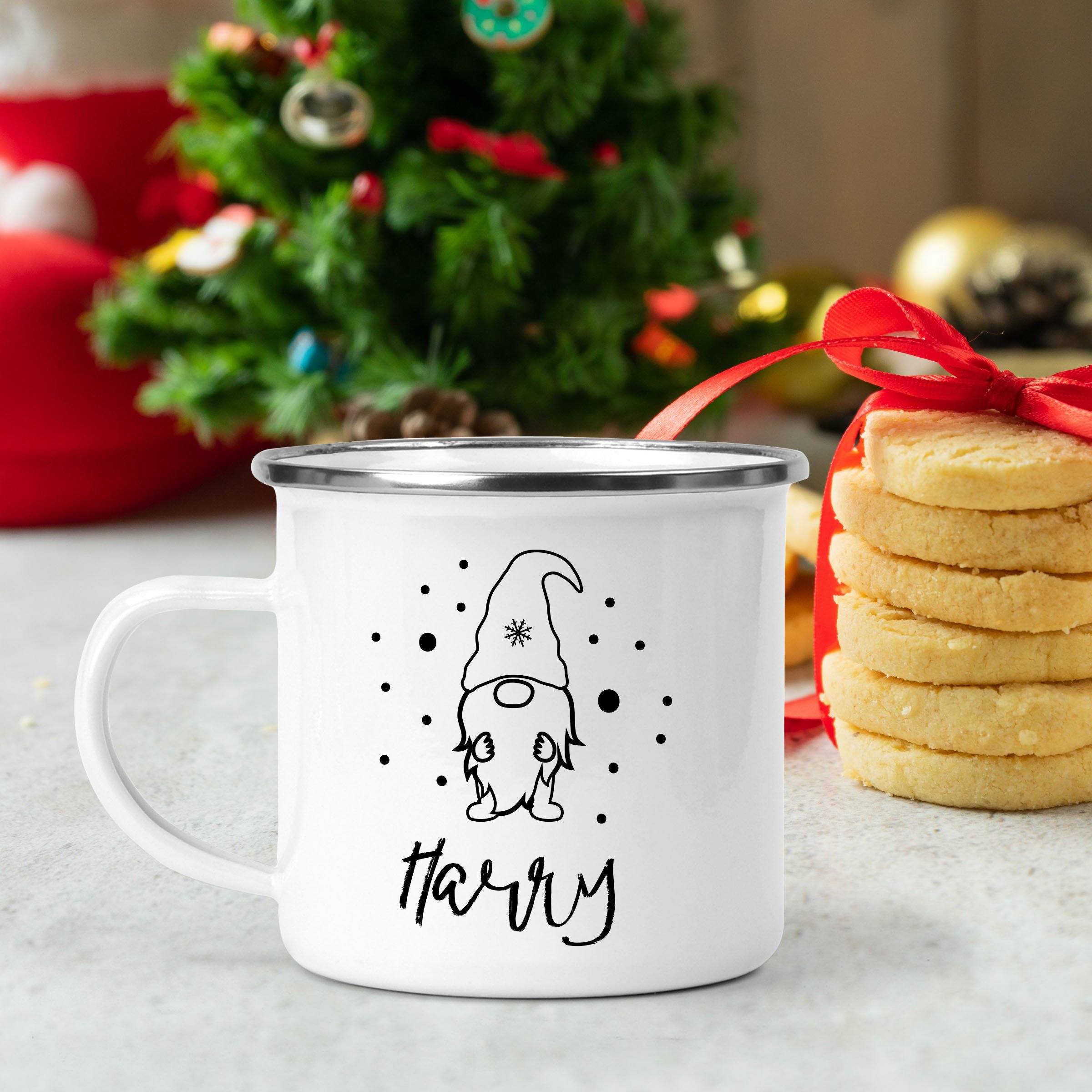Personalised Gnome Christmas enamel mug, Gift for him, her, Cute gnomes