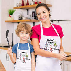 Personalised gnomes Matching family aprons with names, Mum, dad, son and daughter aprons