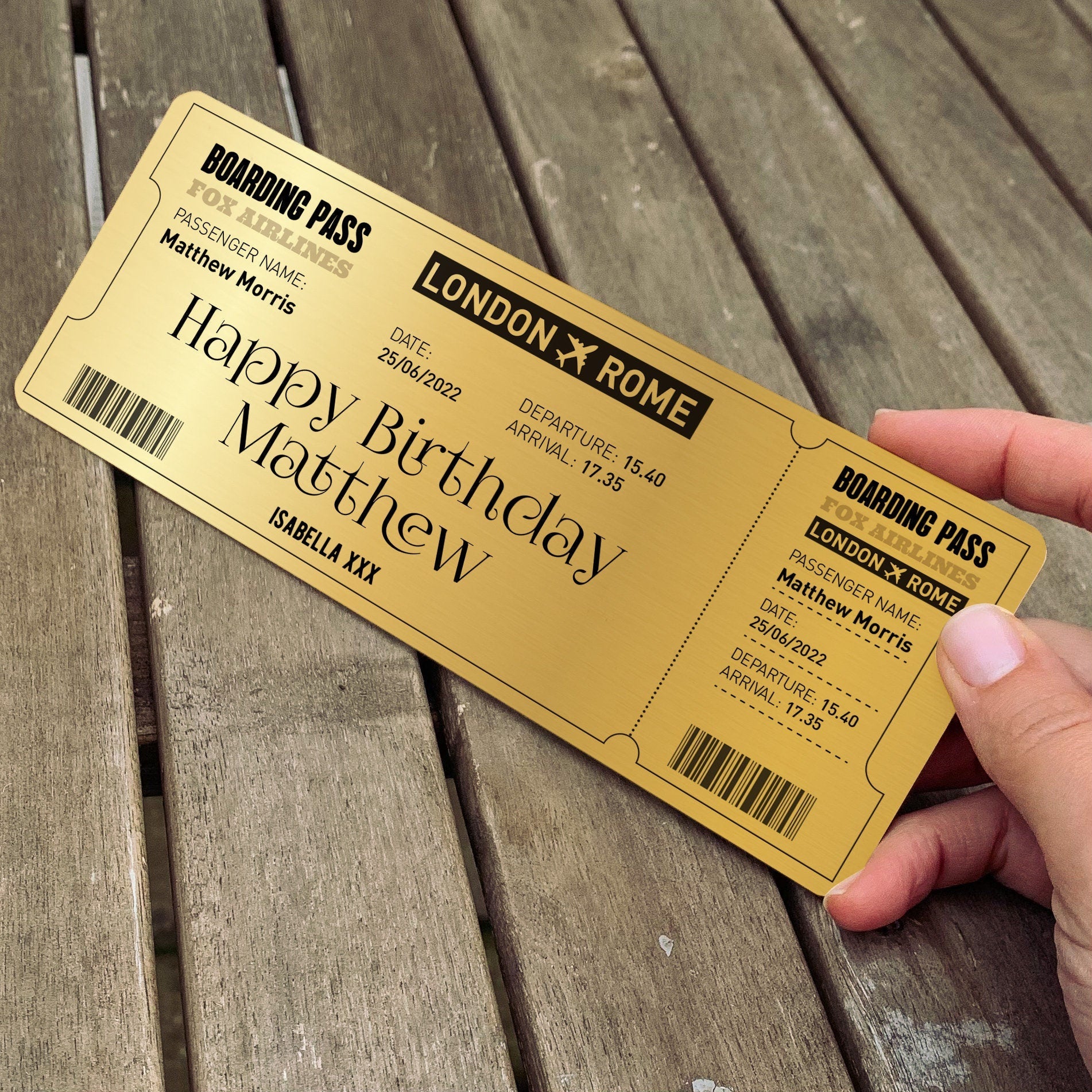 Personalised Gold Metal Boarding Pass, Gift for Her Him, Birthday Travel Voucher
