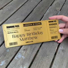 Personalised Gold Metal Boarding Pass, Gift for Her Him, Birthday Travel Voucher