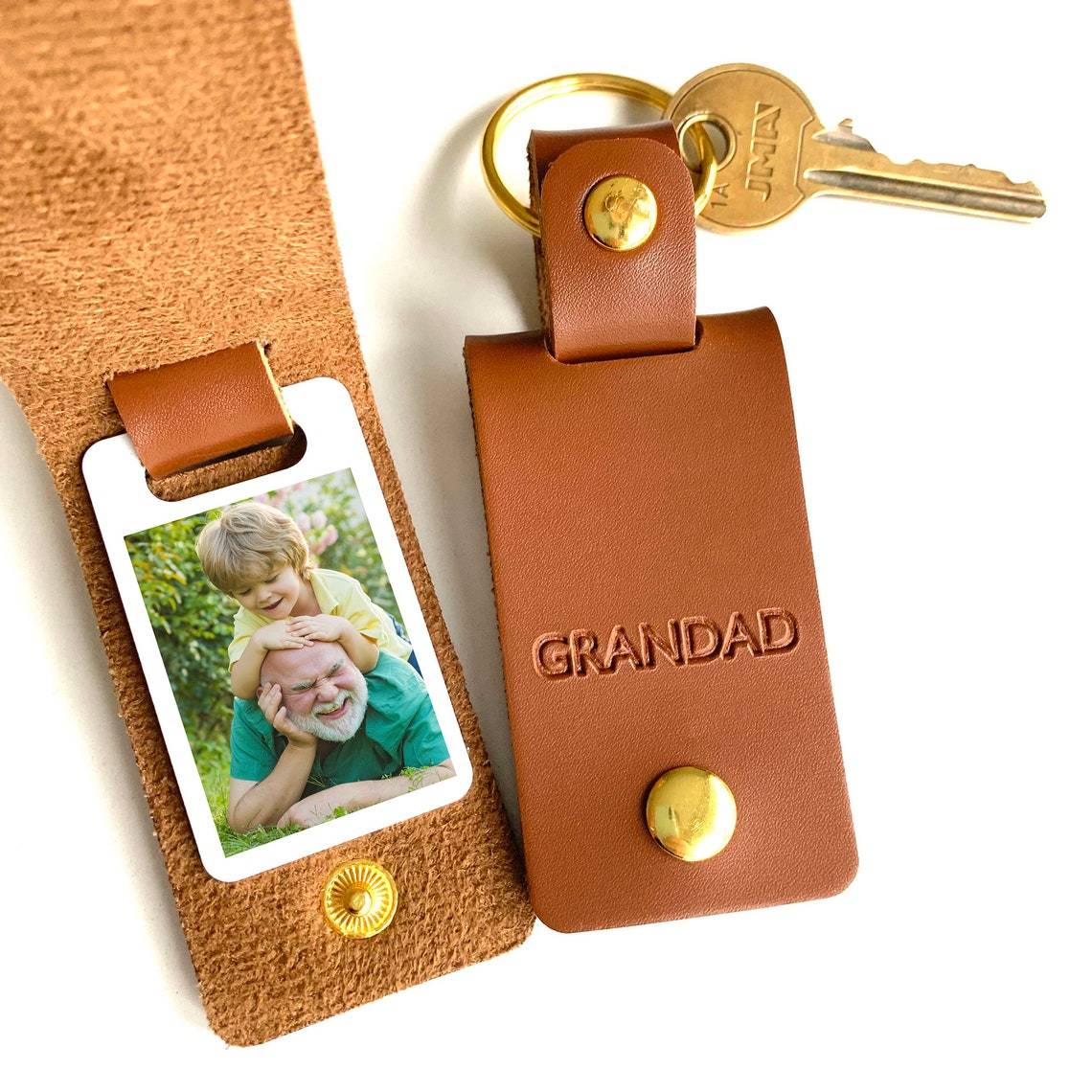 Personalised Grandad Photo Keyring, Leather Photo Keychain, Father's Day gift for him