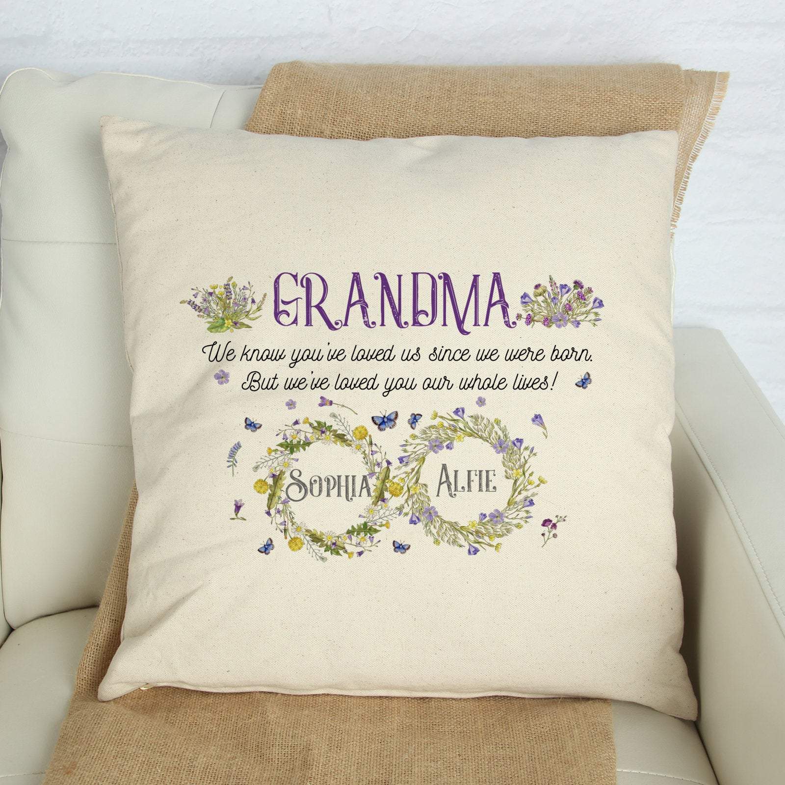 Personalised grandma cushion cover with grandchildren names, Personalised grandma gift