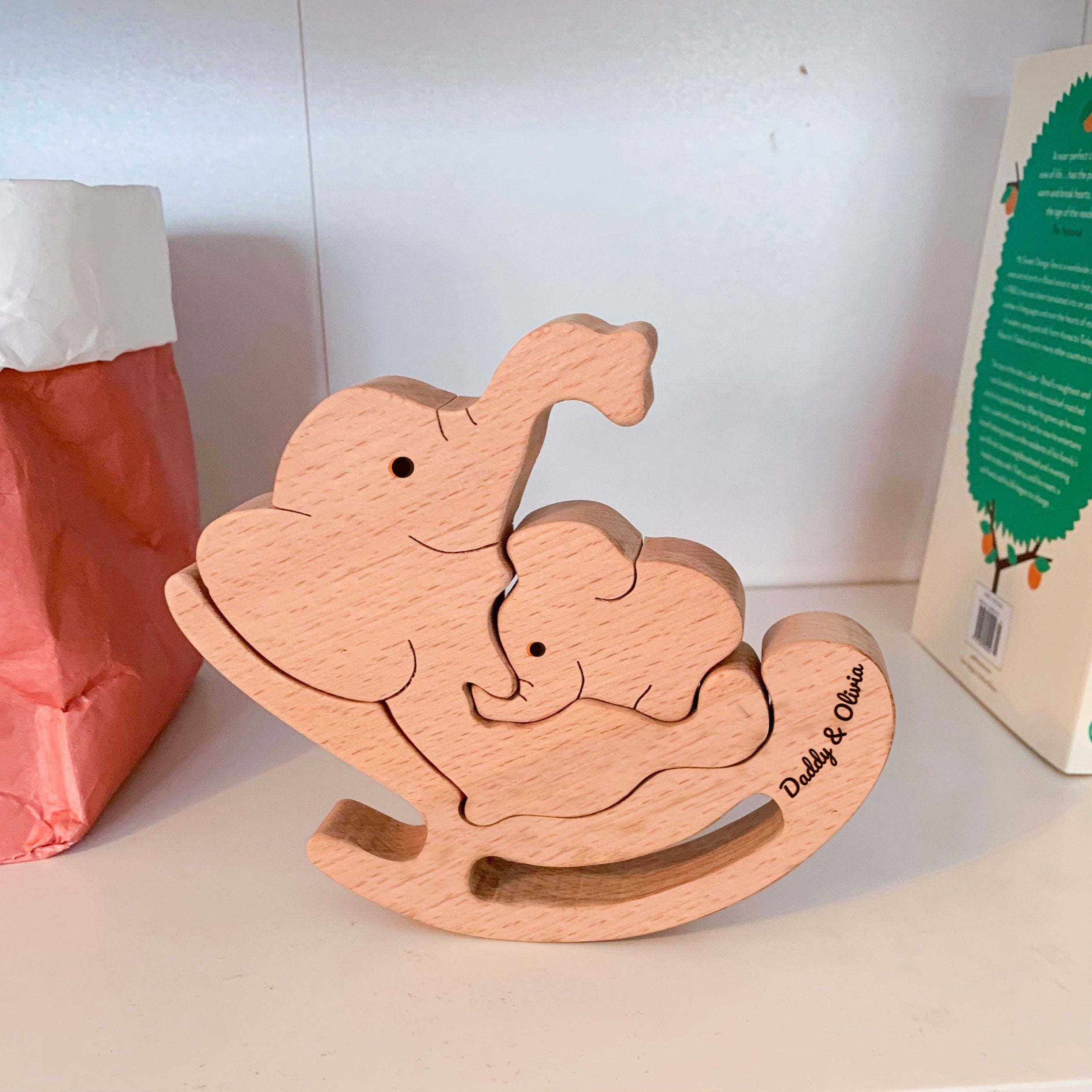 Personalised handmade wooden Elephant dad and baby Christmas Birthday Fathers Day gift for dad
