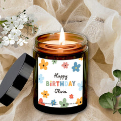 Personalised Happy Birthday Candle with Name, Birthday Gift for Her Him, Colourful Flowers, Floral Birthday Present