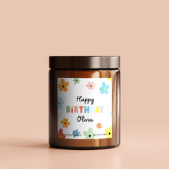 Personalised Happy Birthday Candle with Name, Birthday Gift for Her Him, Colourful Flowers, Floral Birthday Present