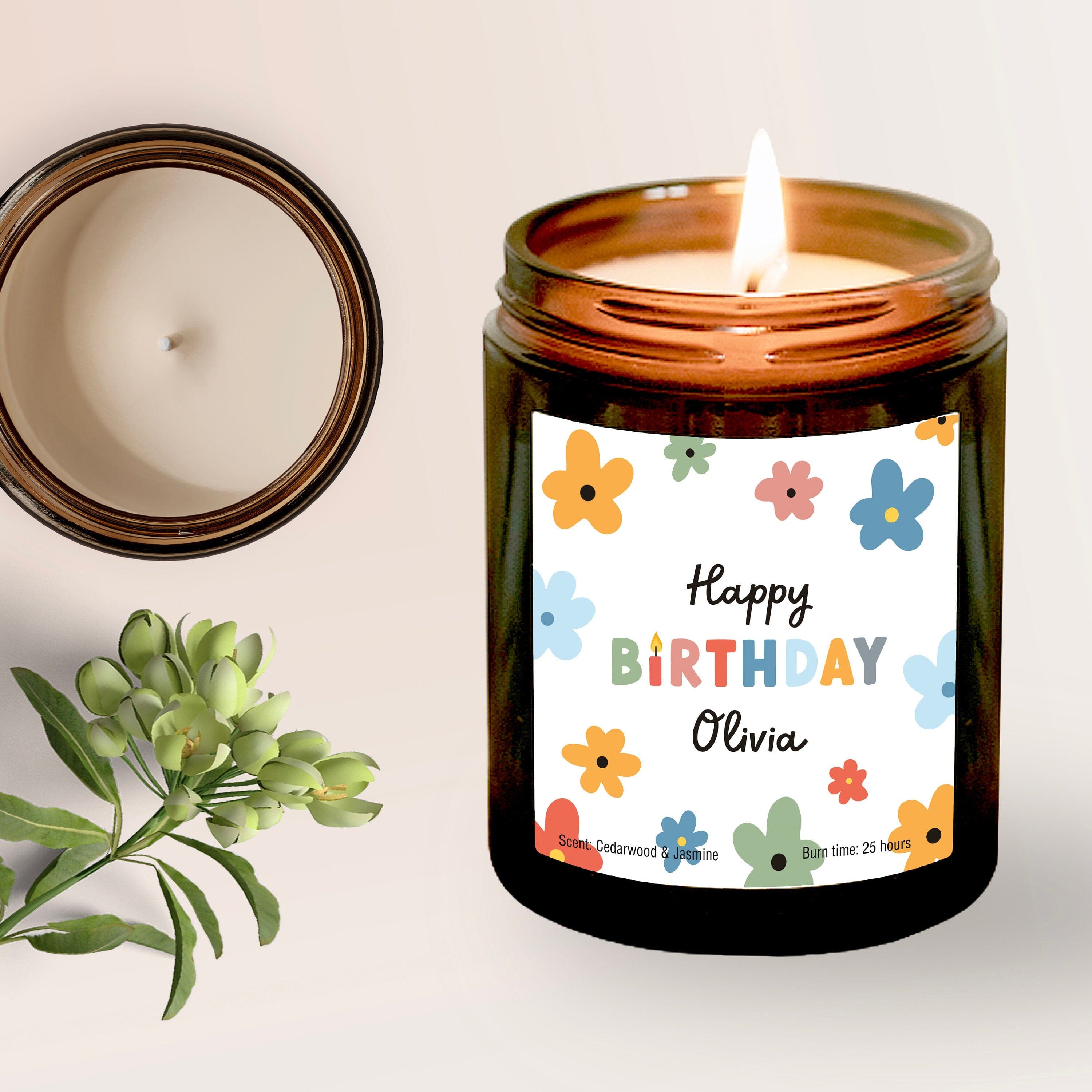Personalised Happy Birthday Candle with Name, Birthday Gift for Her Him, Colourful Flowers, Floral Birthday Present