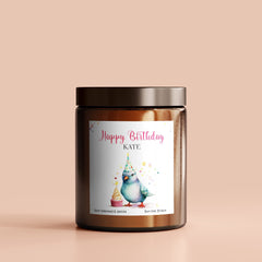 Personalised Happy Birthday Candle with Name, Pigeon with Party Hat and Cake, Gift for Her Him