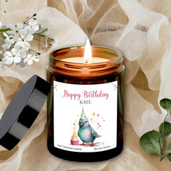 Personalised Happy Birthday Candle with Name, Pigeon with Party Hat and Cake, Gift for Her Him