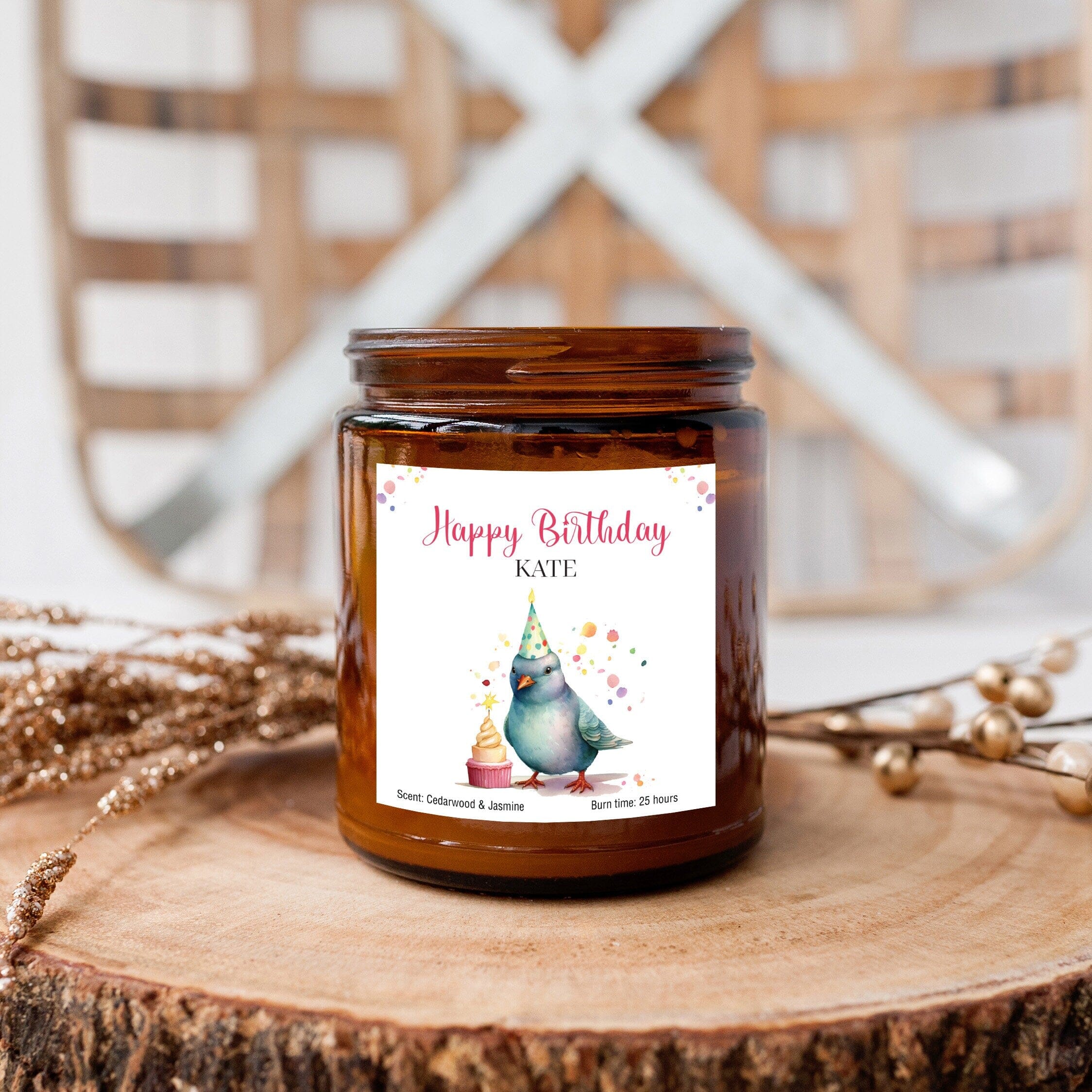 Personalised Happy Birthday Candle with Name, Pigeon with Party Hat and Cake, Gift for Her Him