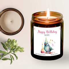 Personalised Happy Birthday Candle with Name, Pigeon with Party Hat and Cake, Gift for Her Him