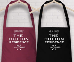 Personalised head chef and sous chef aprons with est date, SET OF 2