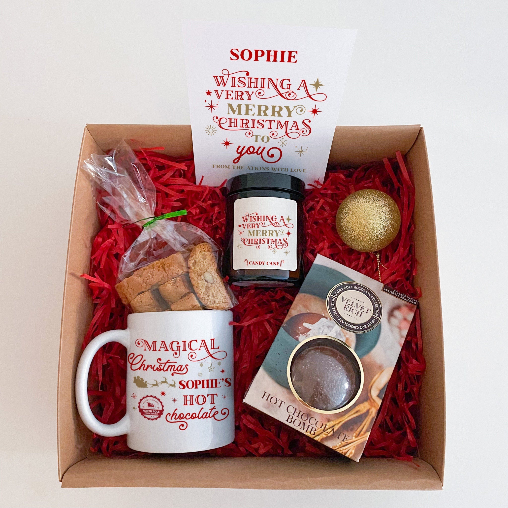 Personalised Hot Chocolate Gift Set, Chocolate Bomb with Marshmallows, Mug Candle Biscotti Card