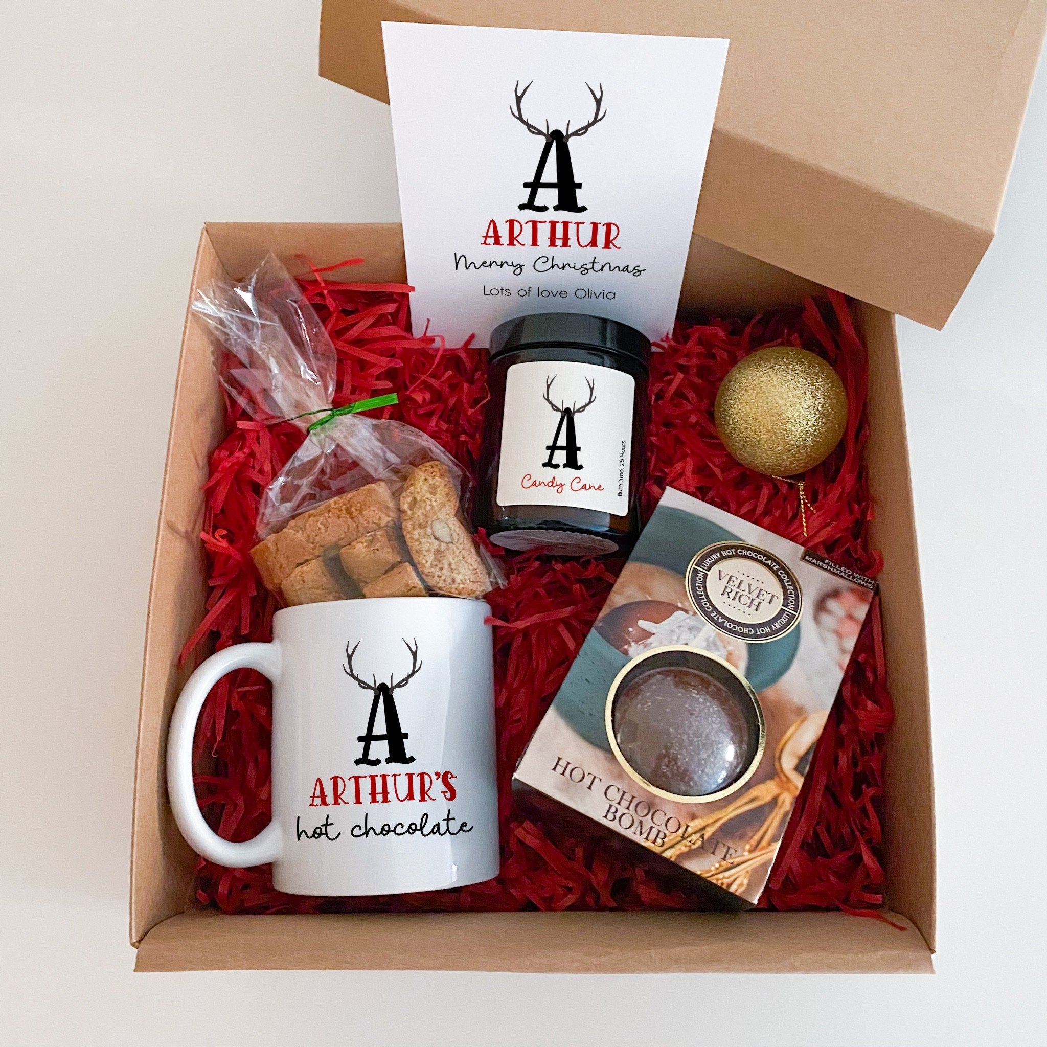 Personalised Hot Chocolate Gift Set for him and her, Mug Candle Biscotti Card, Xmas Box Luxury Hamper