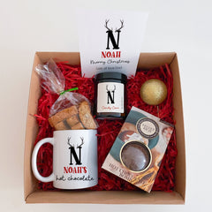 Personalised Hot Chocolate Gift Set for him and her, Mug Candle Biscotti Card, Xmas Box Luxury Hamper