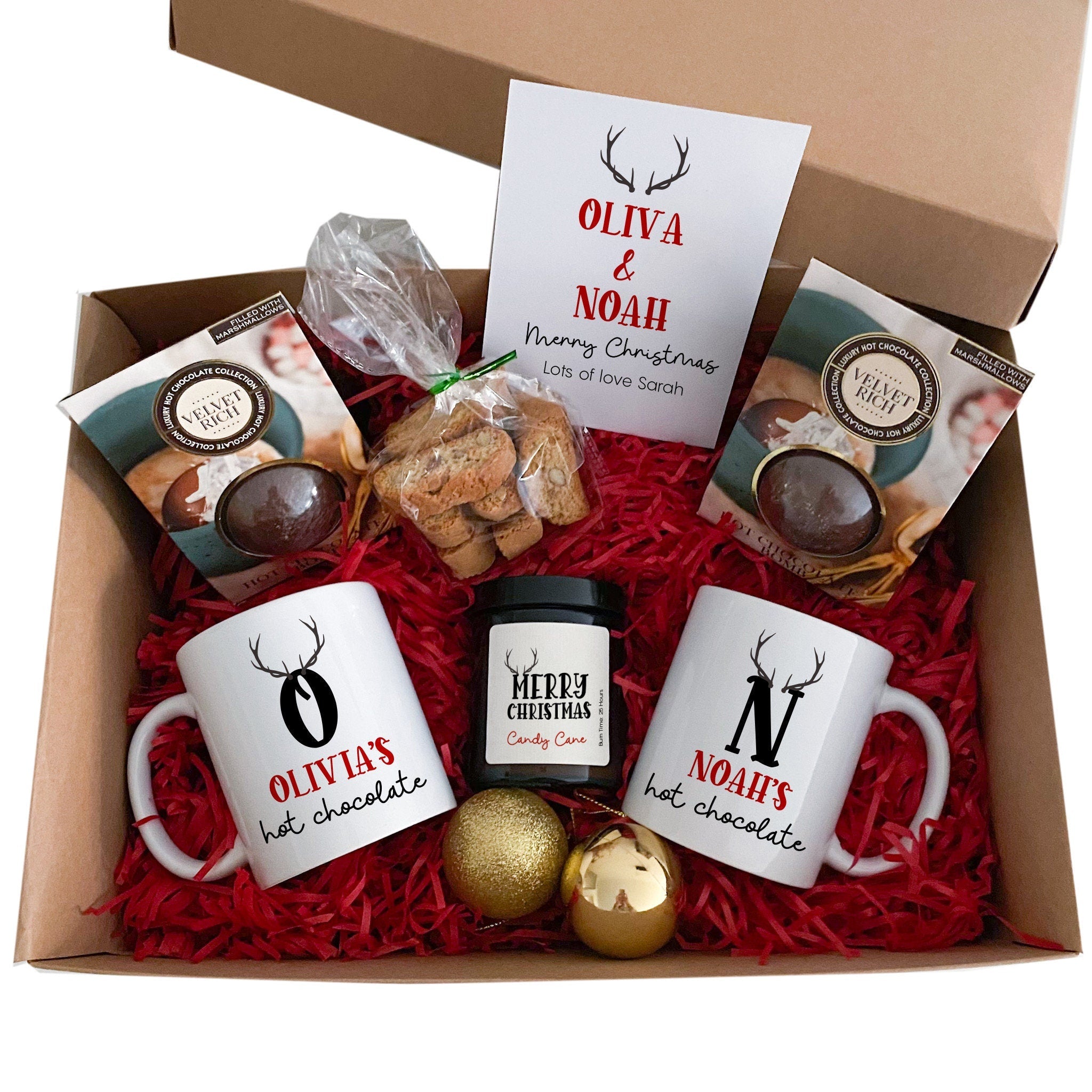 Personalised Hot Chocolate Gift Set for him and her, Mug Candle Biscotti Card, Xmas Box Luxury Hamper