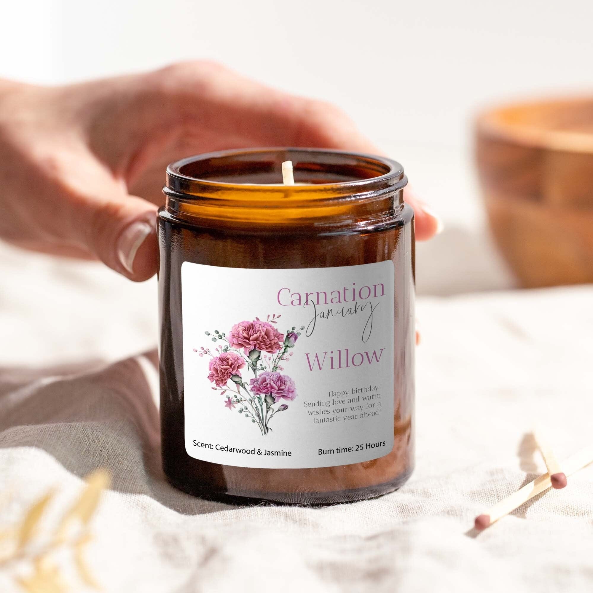 Personalised January Birth Flower Gift Candle your message Birthday Gift Her