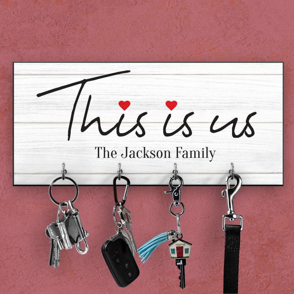 Personalised key ring holder for wall, This is us Key hanger with the family name, Housewarming gift