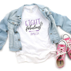 Personalised kids birthday t-shirt with name and age, eight & fabulous, nine, ten