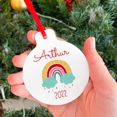 Personalised Kids Christmas tree ornament with rainbow design, Xmas flat bauble for kids