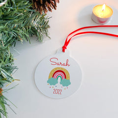 Personalised Kids Christmas tree ornament with rainbow design, Xmas flat bauble for kids