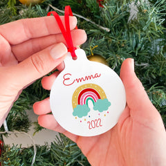 Personalised Kids Christmas tree ornament with rainbow design, Xmas flat bauble for kids