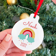 Personalised Kids Christmas tree ornament with rainbow design, Xmas flat bauble for kids