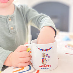 Personalised Kids Coronation mug with name, BABY KIDS Union Jack Peter Rabbit gift for boy girl